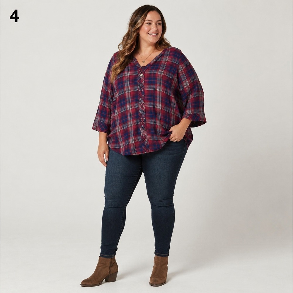 Skies are Blue Flannel Shirt Plus 2X Red Blue Plaid Cotton Rayon‎ Lace Front